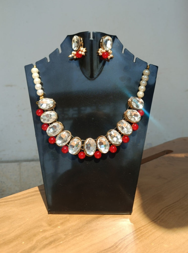 Crystal Choker with Red beads and Earrings