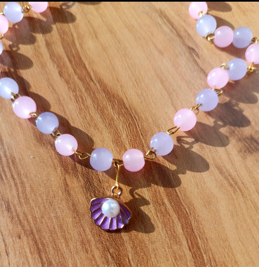 Pink and Purple beaded necklace with Shell Charm