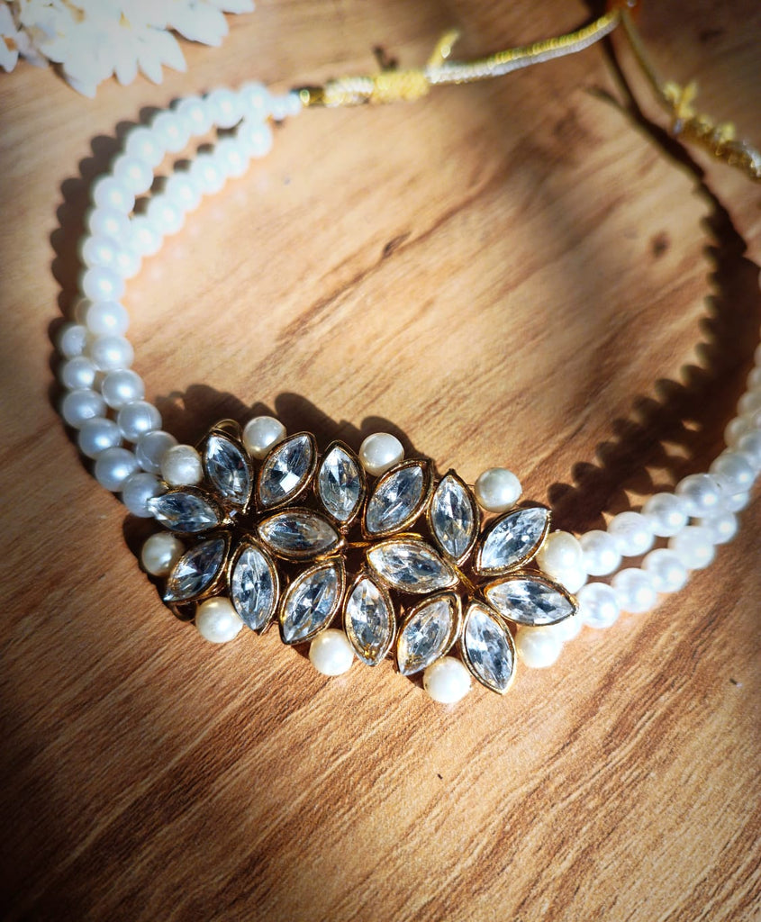 White bead Choker with Crystals