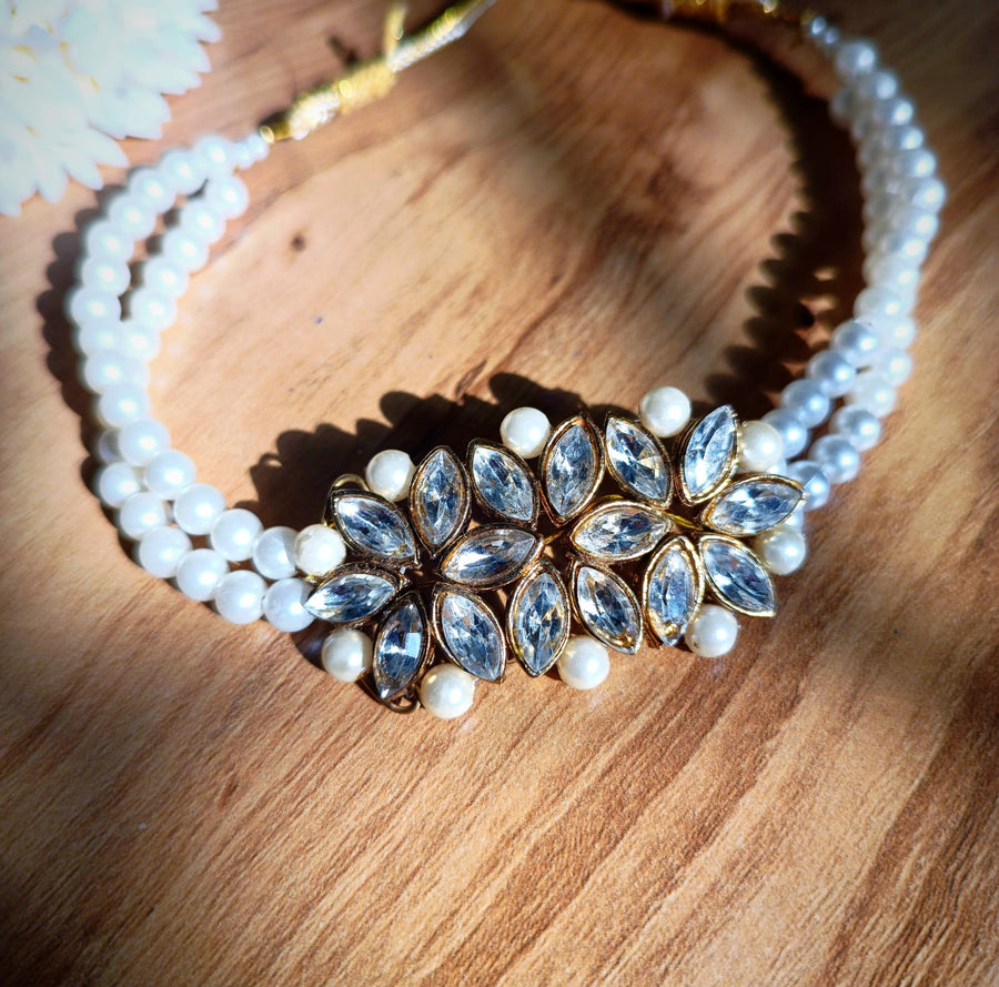 White bead Choker with Crystals